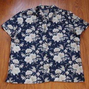 Navy & Beige Floral Print 100% Linen Vintage Liz Claiborne Shirt PL